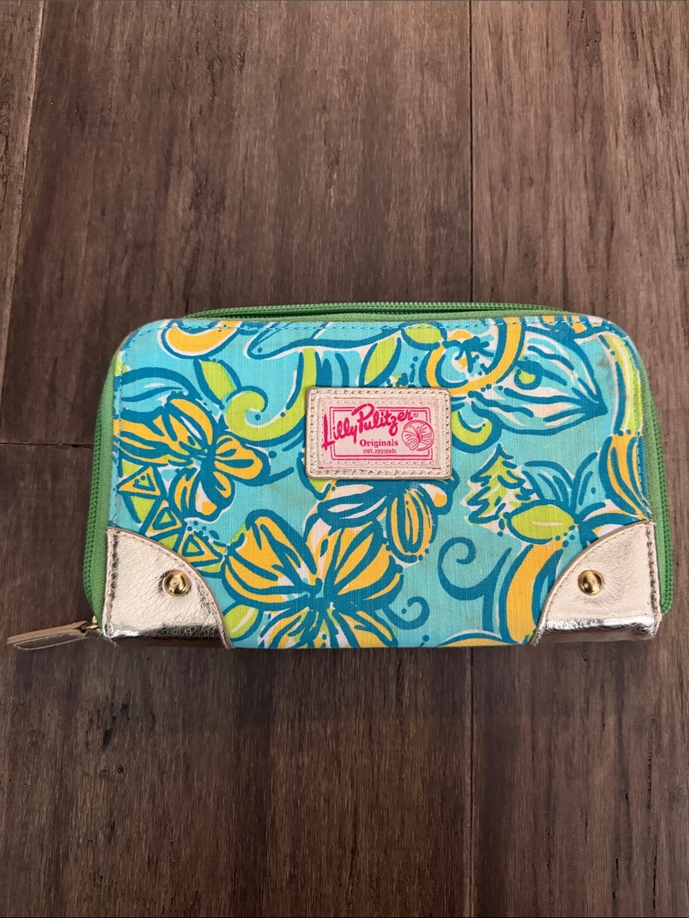 Lilly Pulitzer Aqua Floral Zip-Around Wallet with Yellow Accents